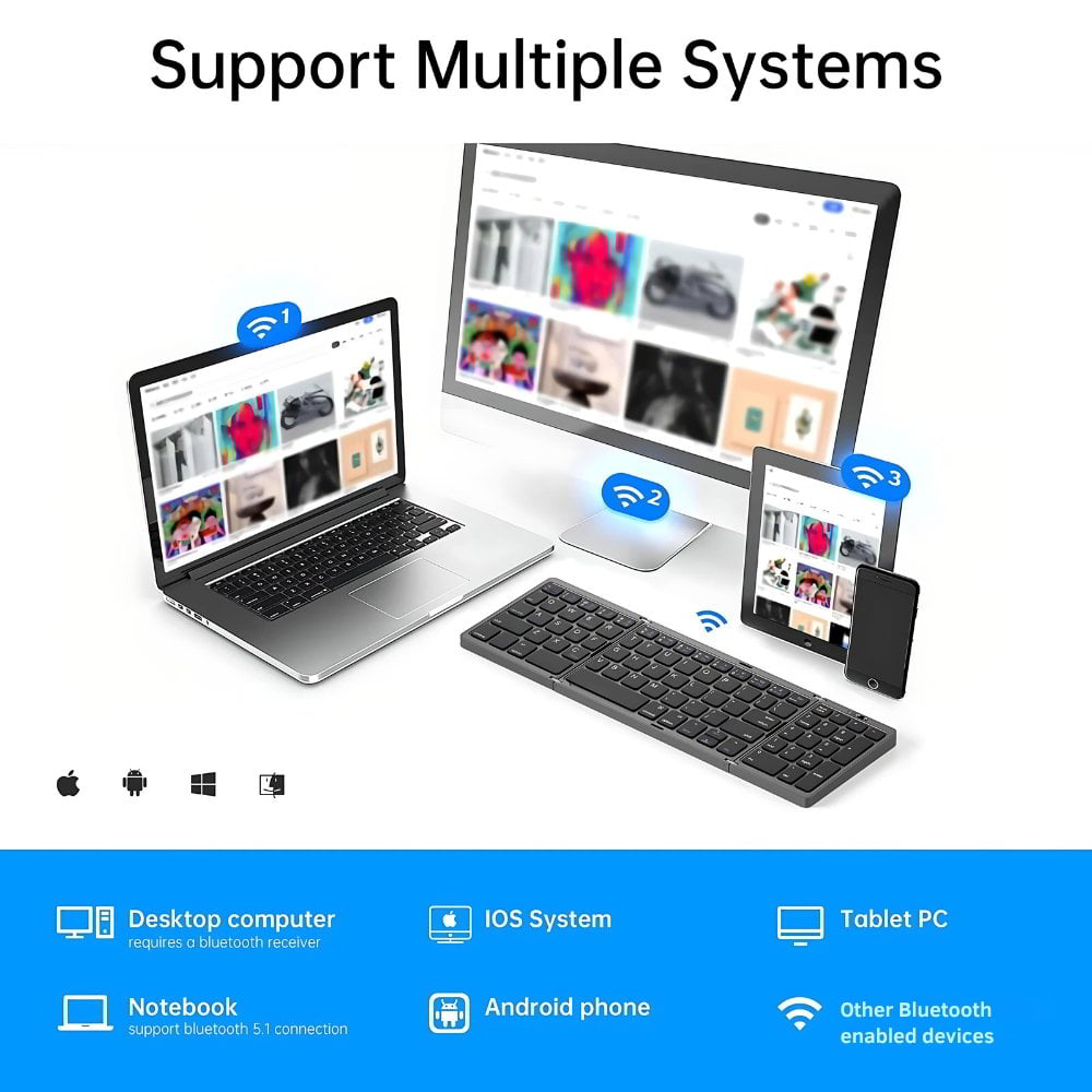 Mini Portable Folding Keyboard with Numpad's support for multiple systems from desktops, tablet PCs, notebooks, IOS systems, Android phones, and other bluetooth-enabled devices
